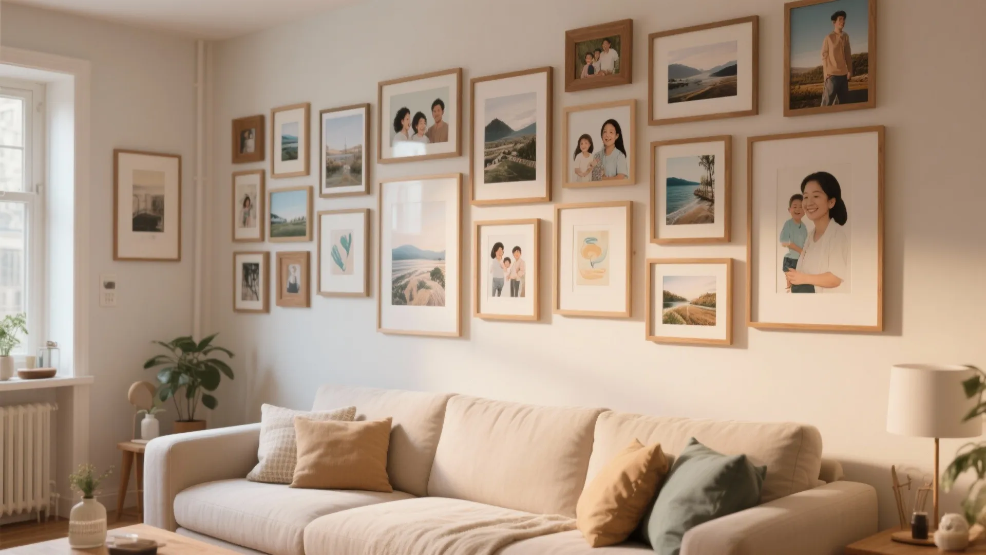Living room with beige sofa and large gallery wall displaying many framed family portrait photos