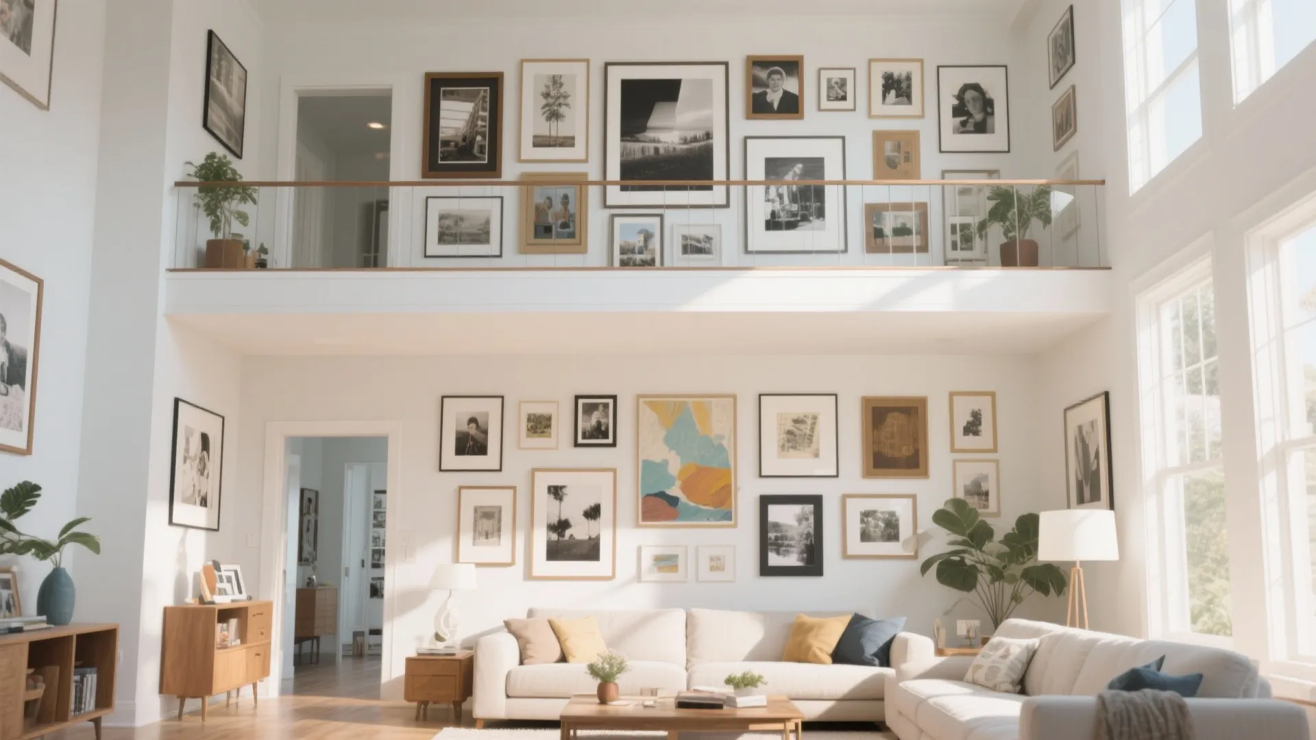 Two level white wall filled with many framed pictures above a sofa in living room