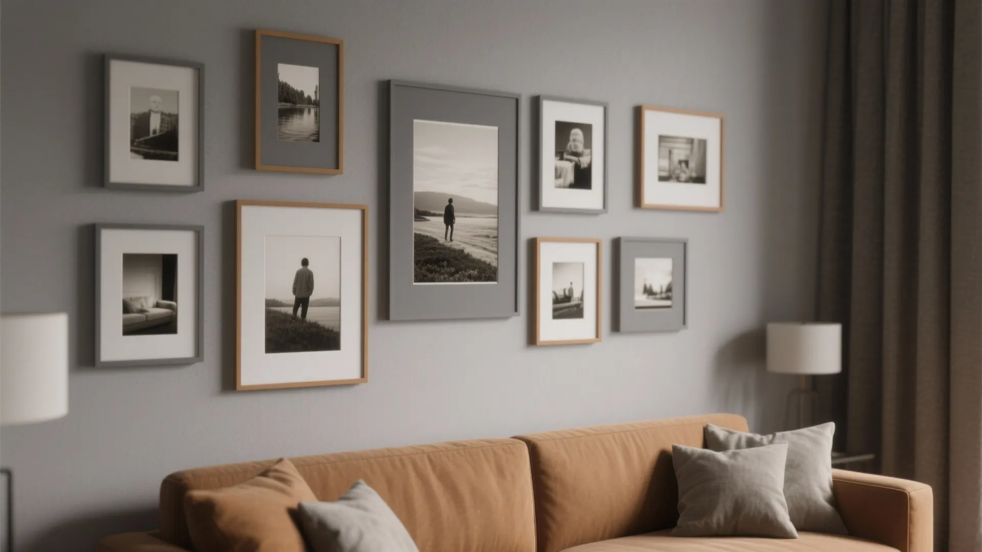Gallery wall with grey and tan frames above a sofa