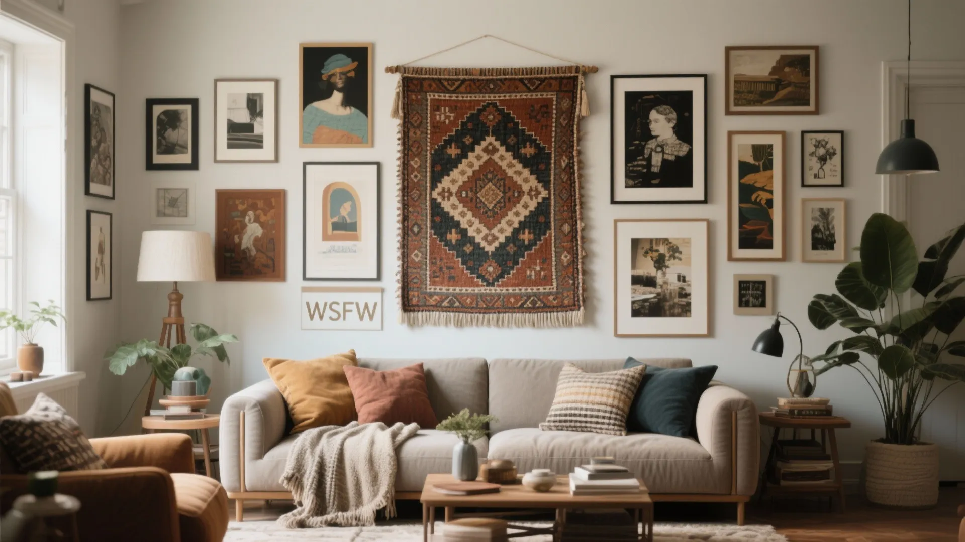 Gallery wall mixing tapestry with framed artworks