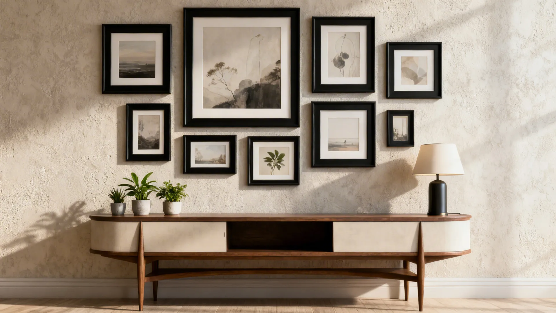 Curated gallery wall with matching frames above a console in a living room.