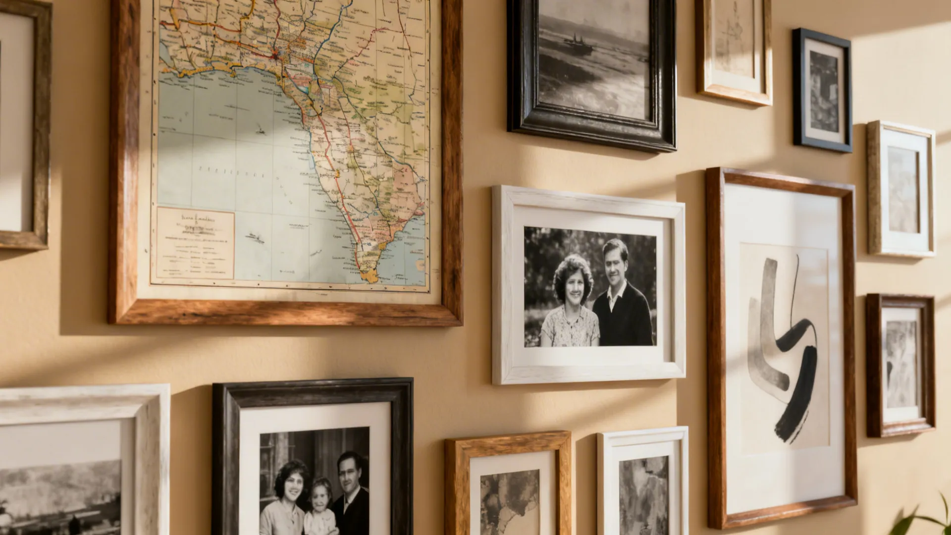 Indoor wall decorated with large map and various framed family photos and abstract art pieces