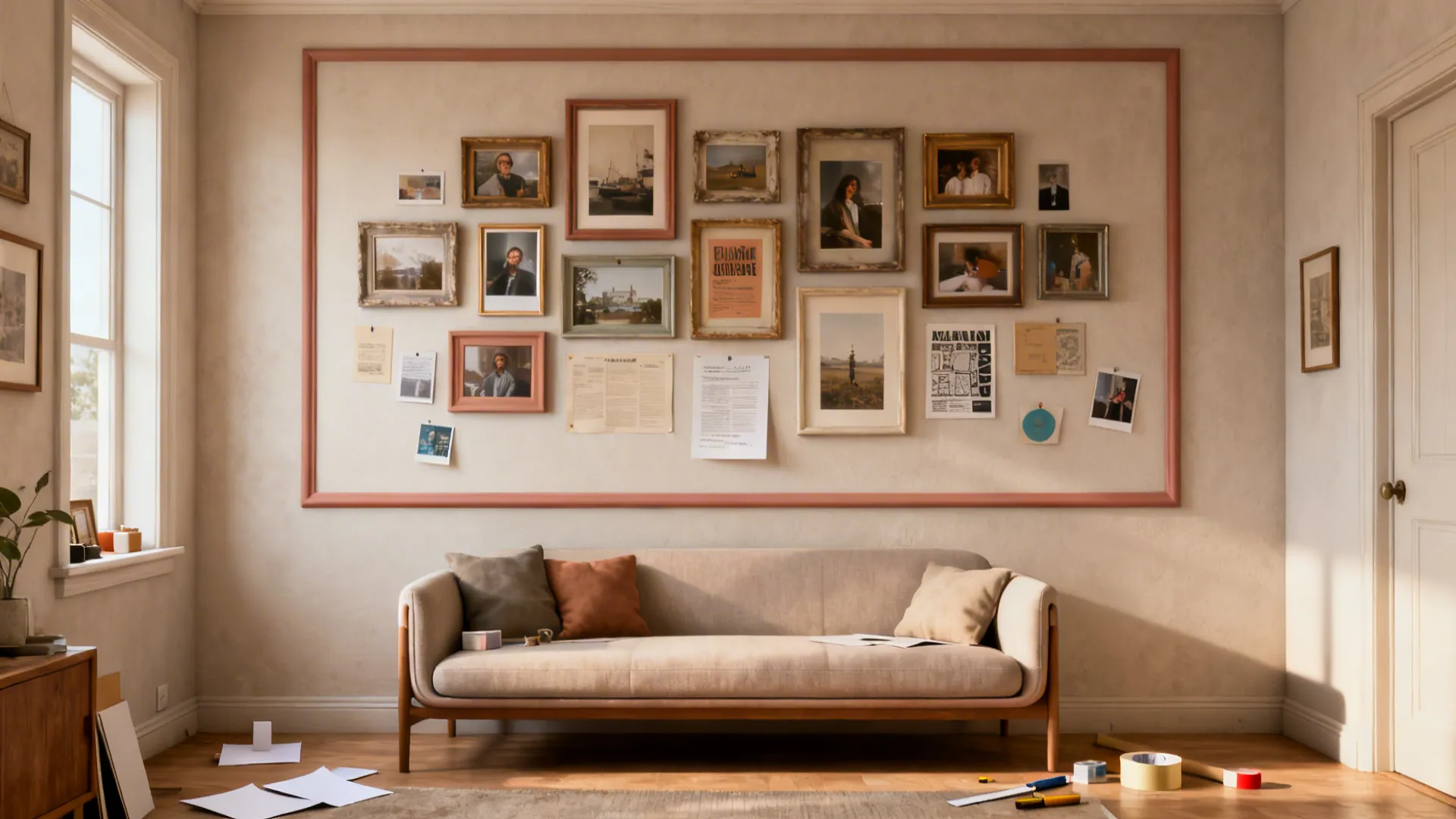 Gallery wall of thrifted frames above a small sofa, unified by a single paint color