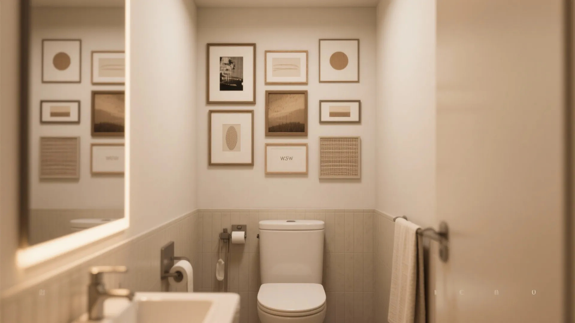 Gallery wall arrangement above toilet in small bathroom
