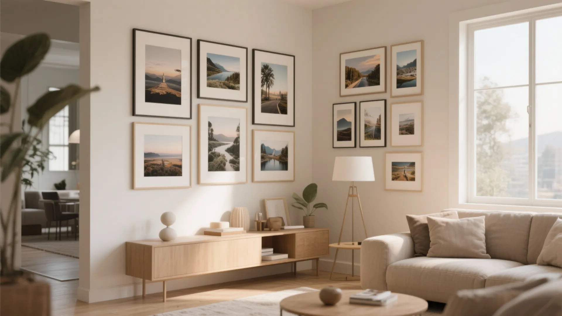 Modern living room featuring a gallery wall with various framed landscape photos and wooden furniture