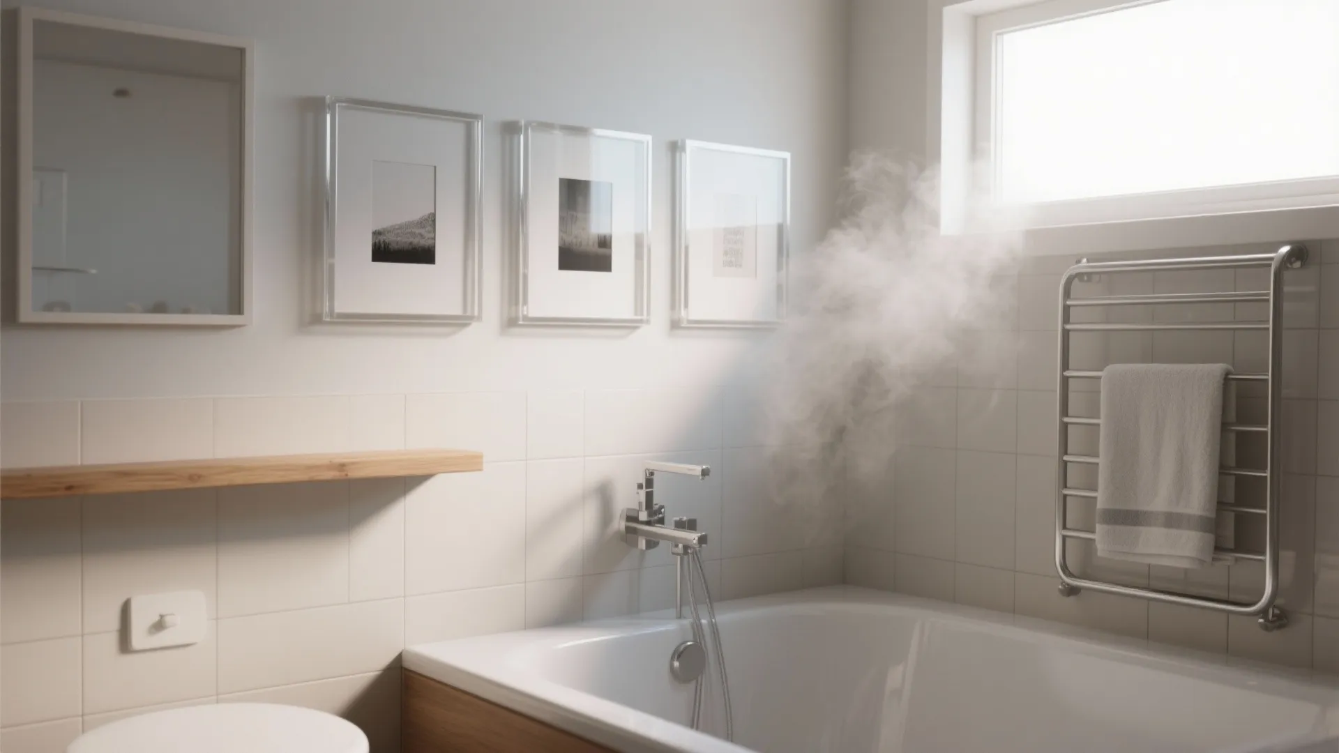 Modern bathroom with white bathtub towel rack glass mirror and three landscape photos on wall