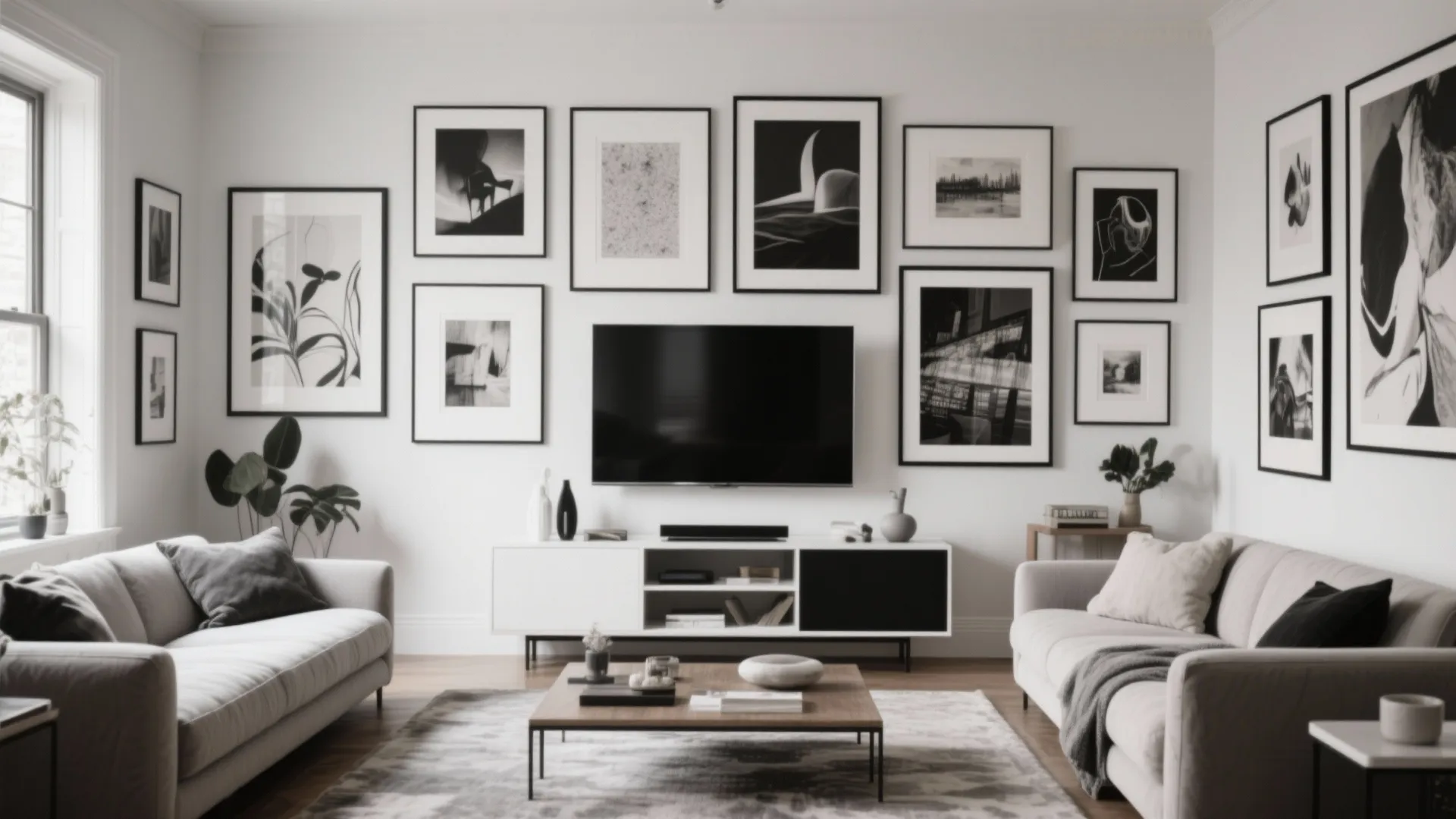 Living room featuring a television surrounded by many black and white framed wall art pieces