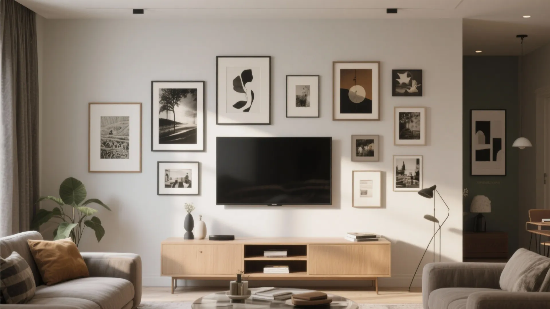 Living room with television surrounded by various framed pictures on wall and wooden storage cabinet