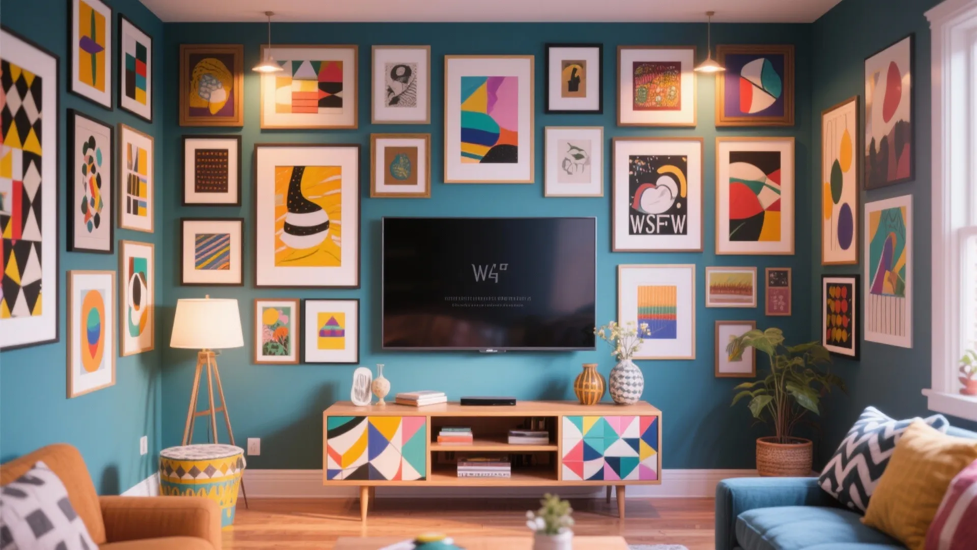 Eclectic living room with gallery wall surrounding television over colorful cabinet and bright blue walls