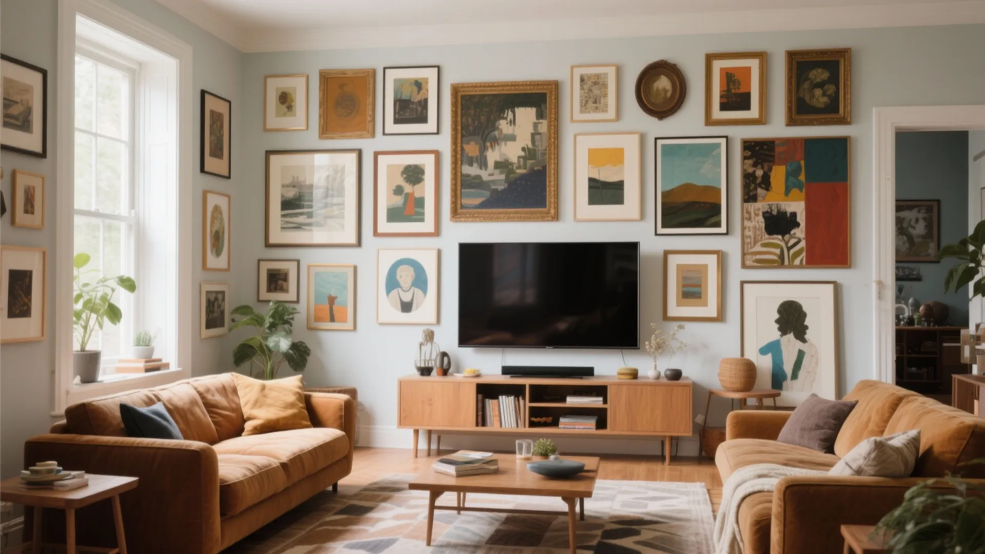 Cozy living room with many framed pictures on the wall surrounding a large flat television