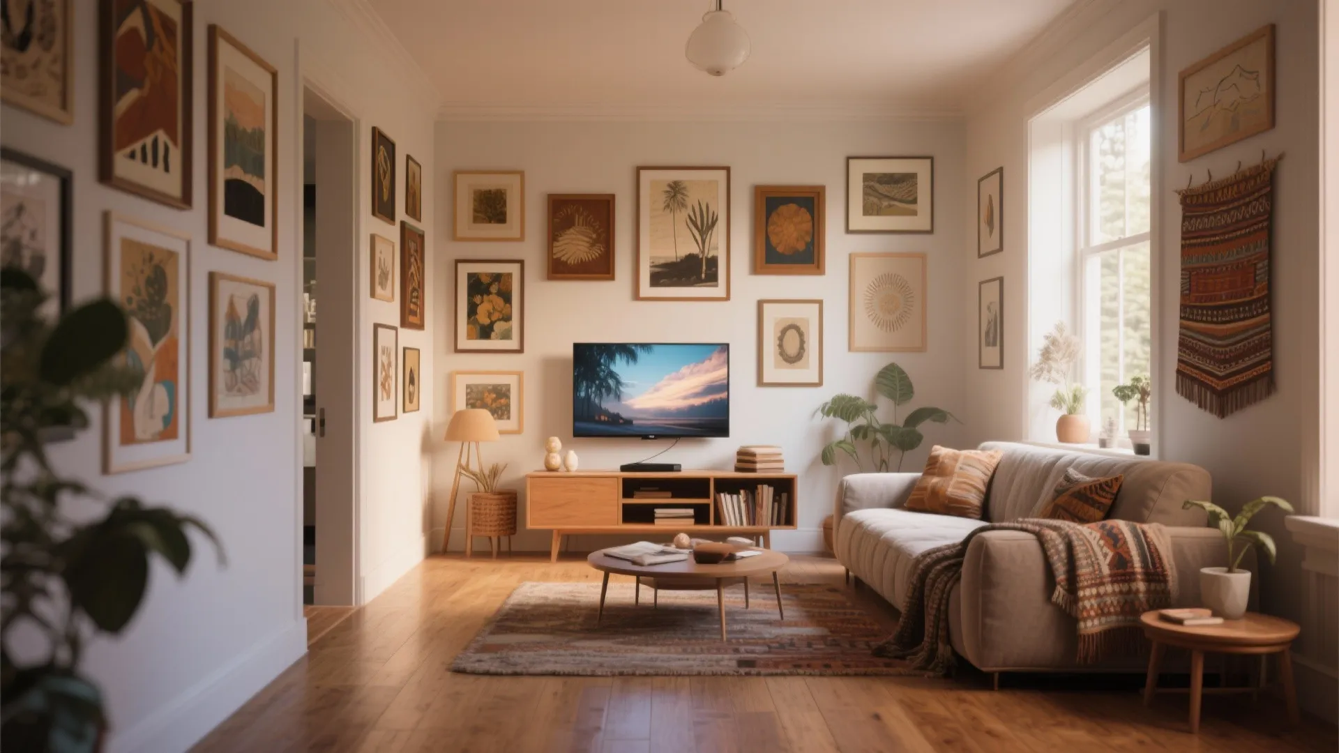 Eclectic living room with gallery wall, framed pictures, television on cabinet, beige sofa, and rug
