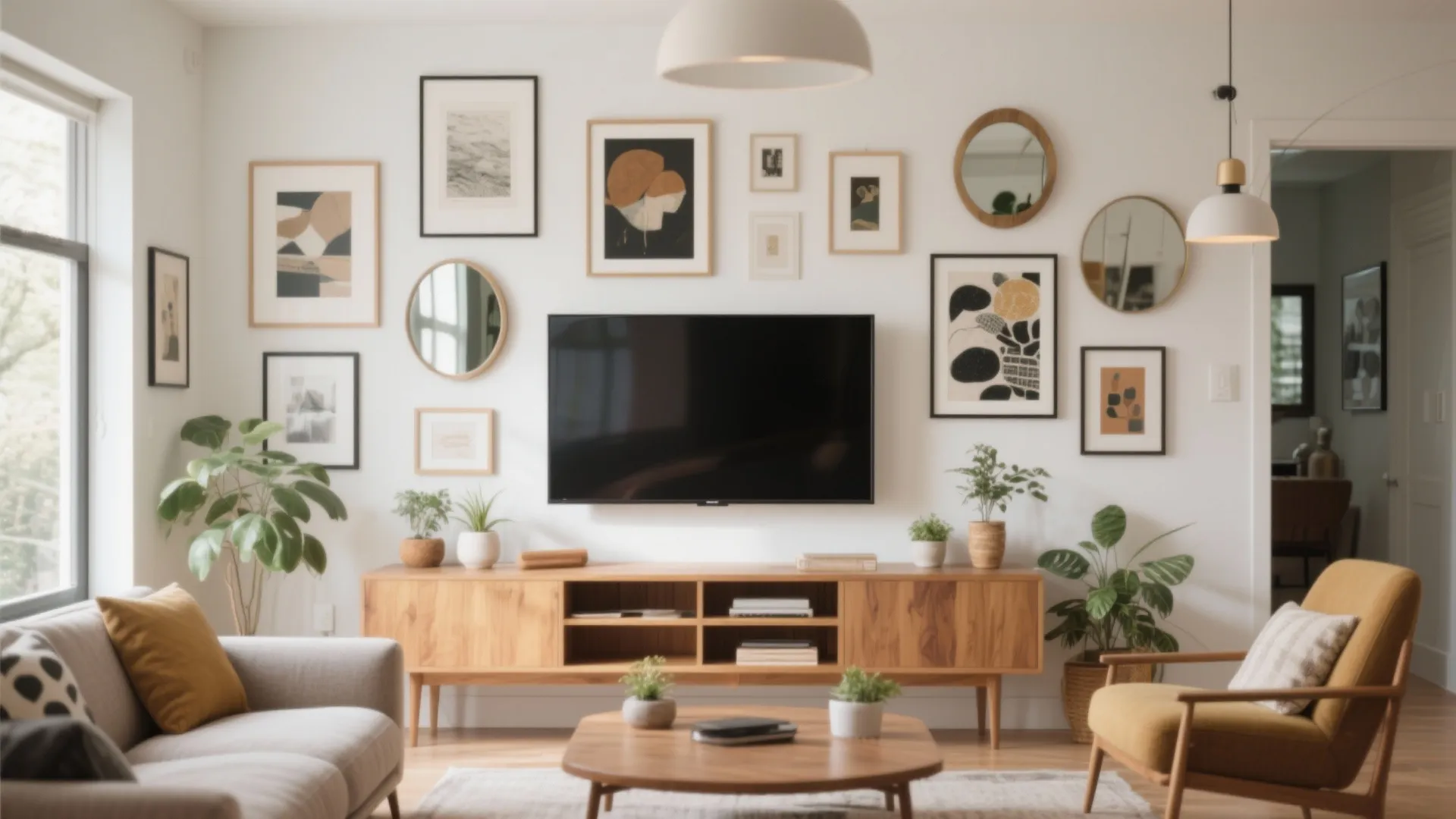 Gallery wall with framed art and plants around TV