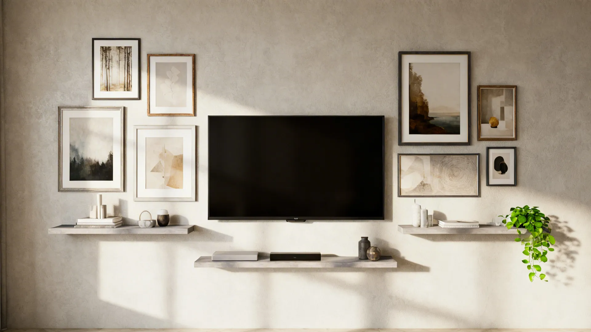 Gallery wall with framed art and shelves surrounding an integrated wall-mounted TV