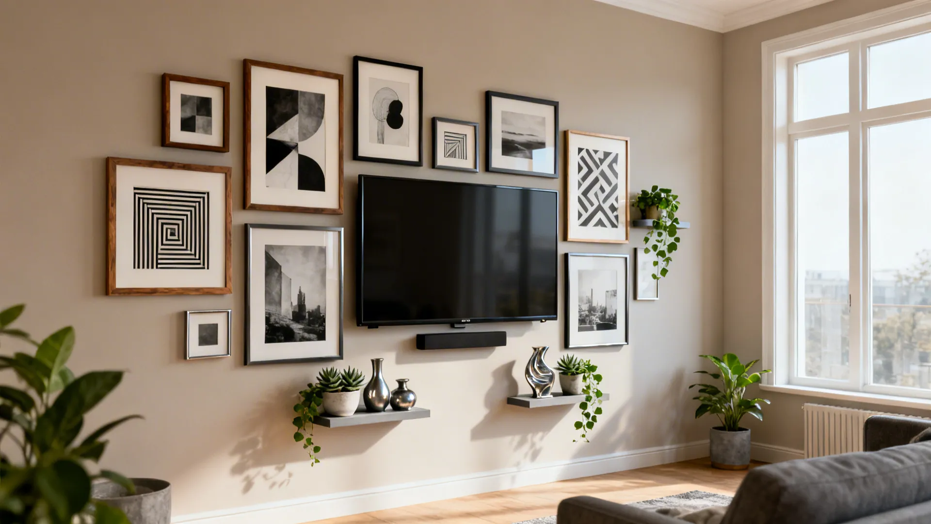 3. Gallery wall with mounted TV