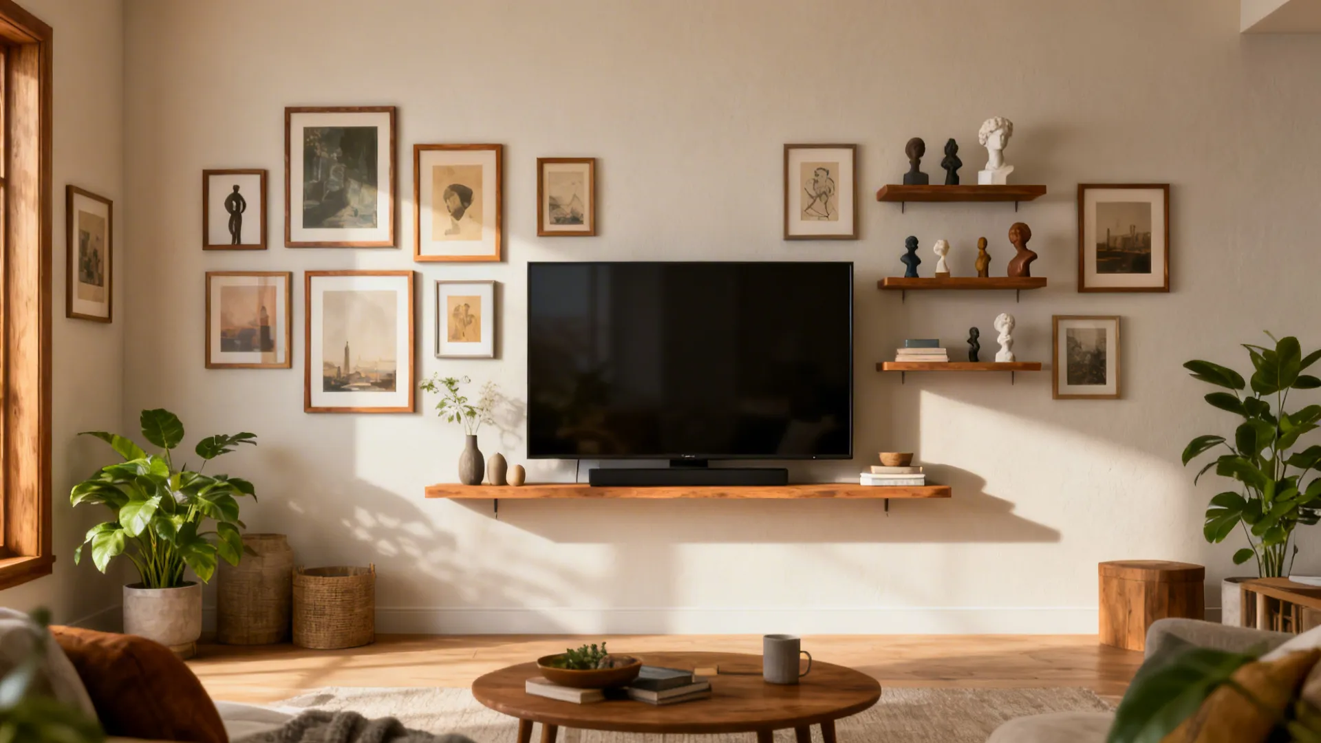 Gallery wall composition with a 50 inch TV integrated among frames and shelves.