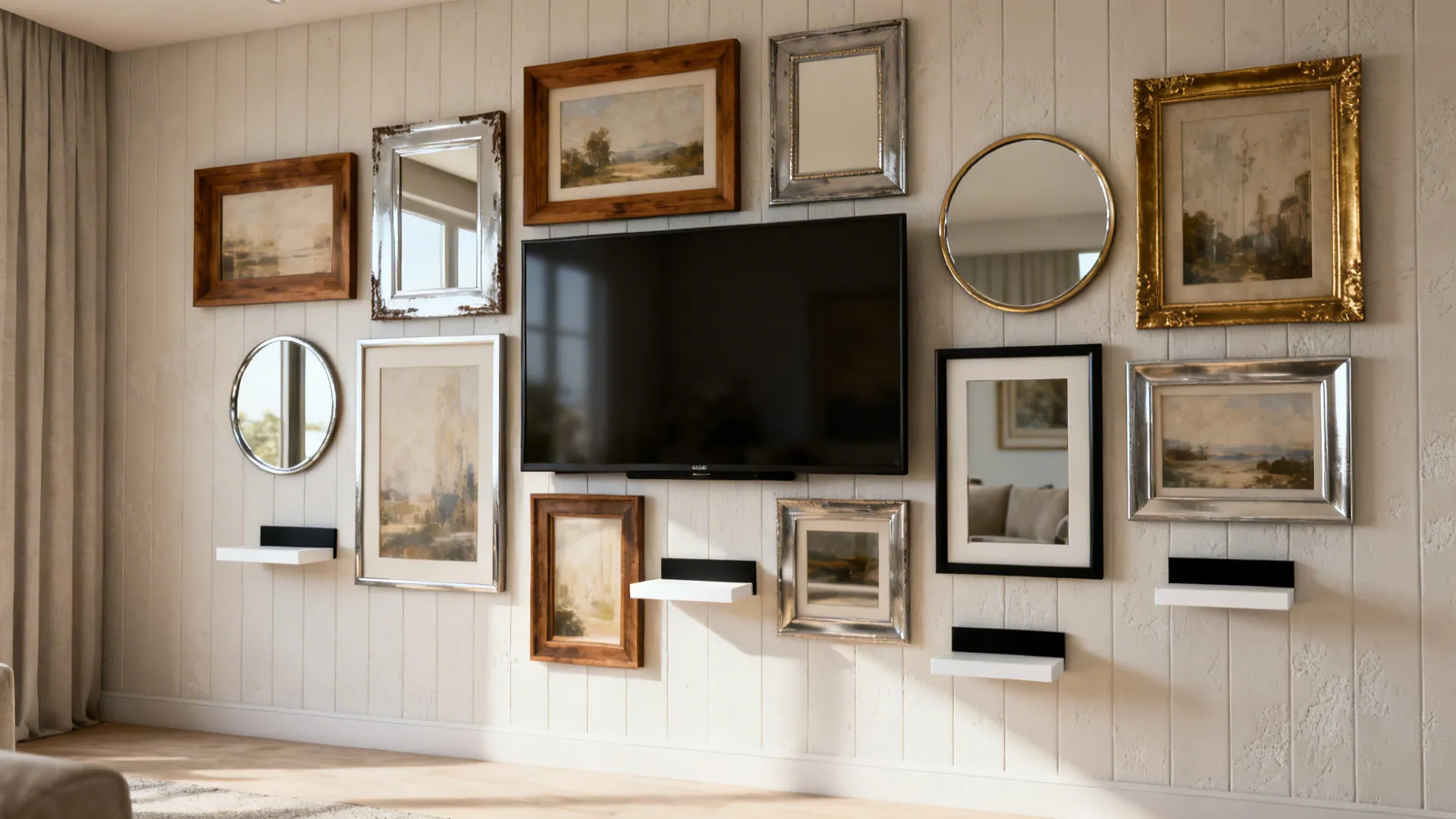 Gallery wall composition integrating a TV with framed art and shelves