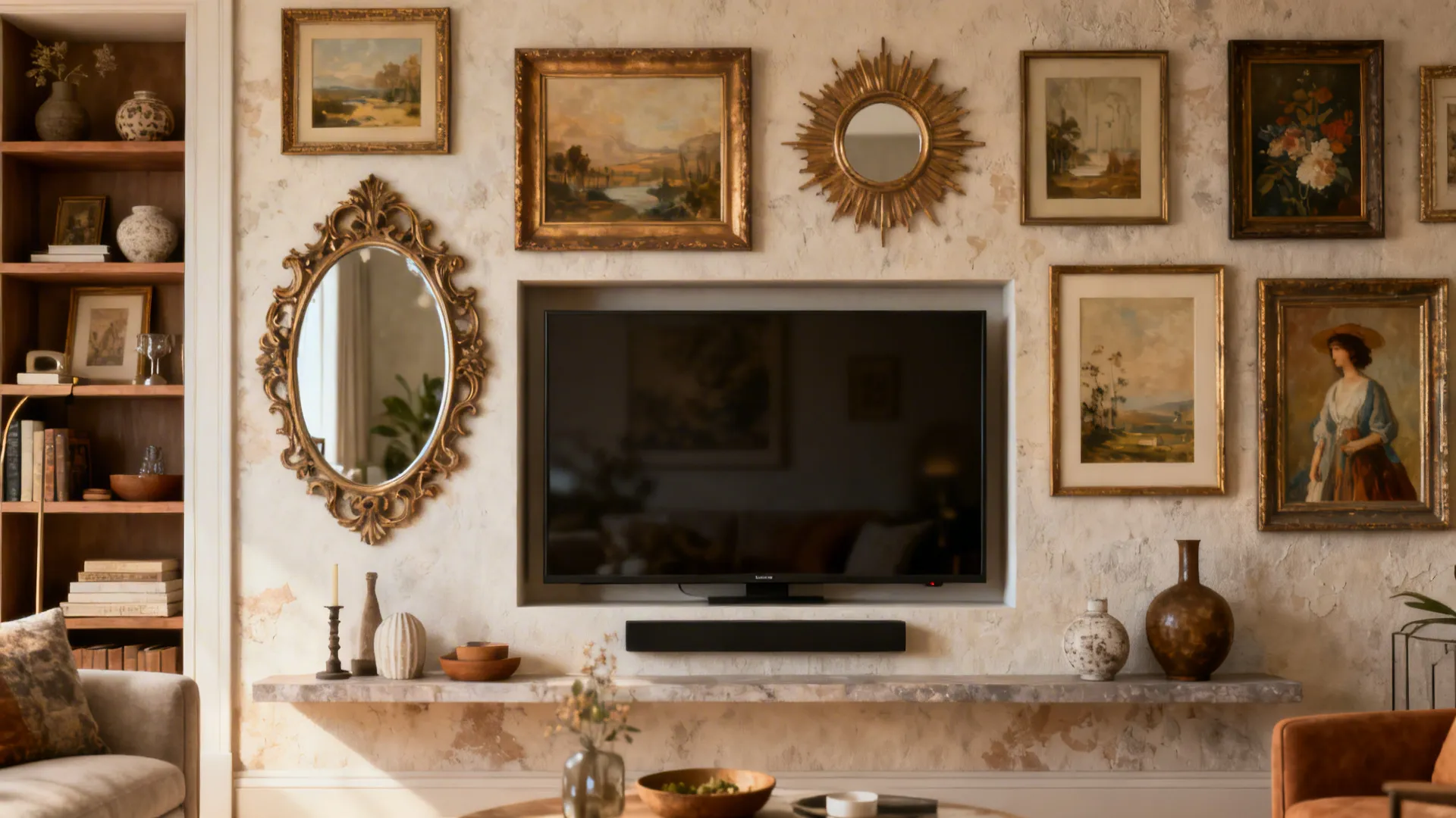 Vintage style gallery wall featuring television surrounded by gold framed paintings and many decorative mirrors