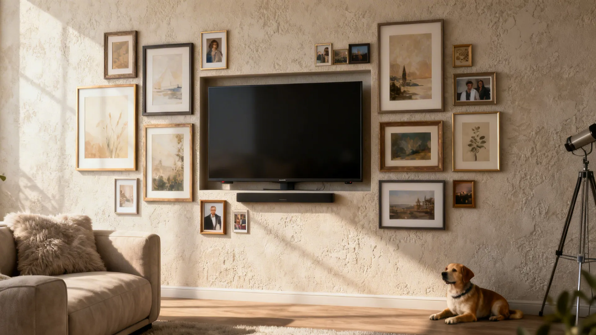 TV integrated into a gallery wall of framed artwork and photos in a cozy studio