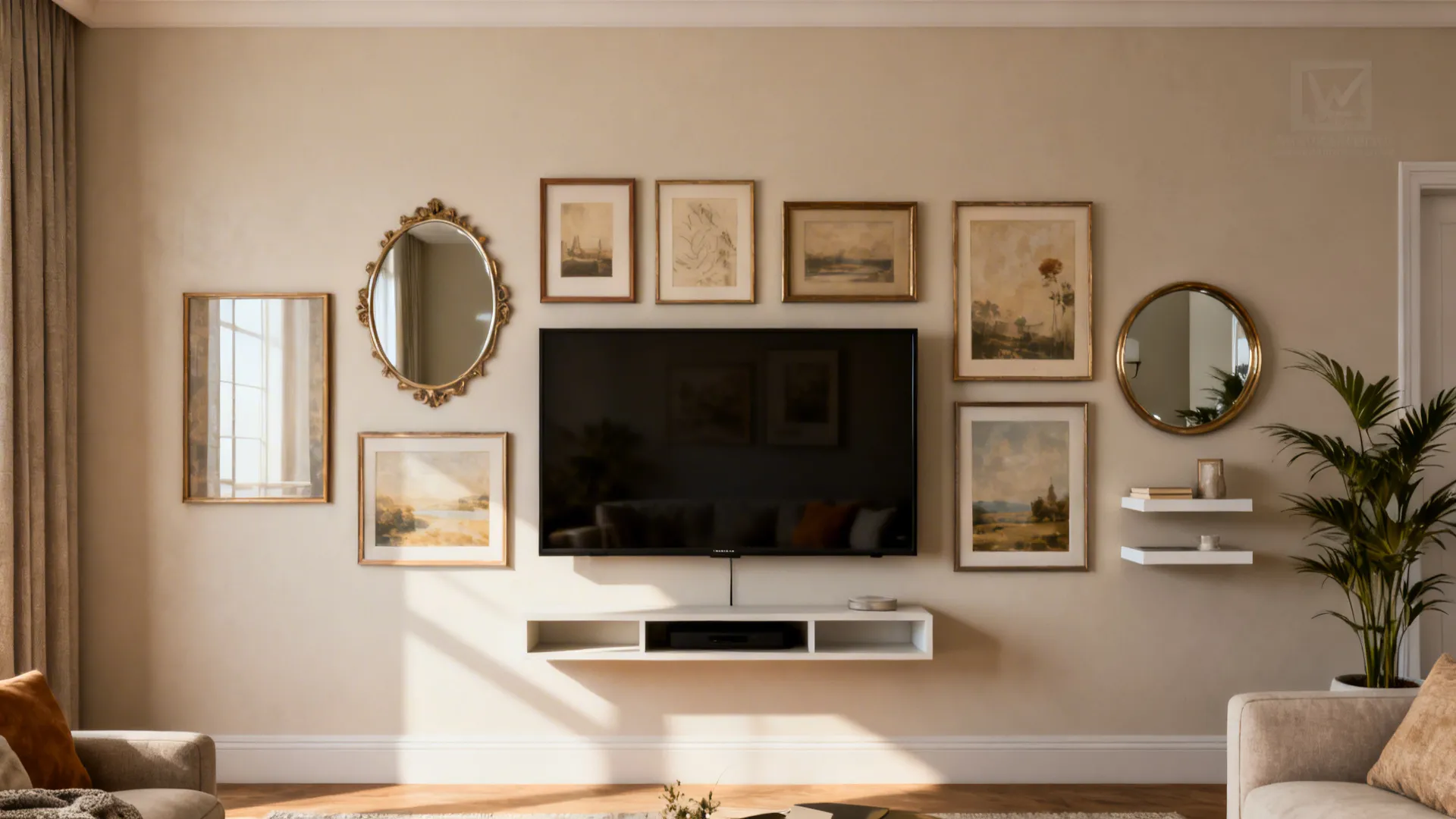 Mounted TV blended into a gallery wall of framed art, mirrors, and floating shelves in a small living room.