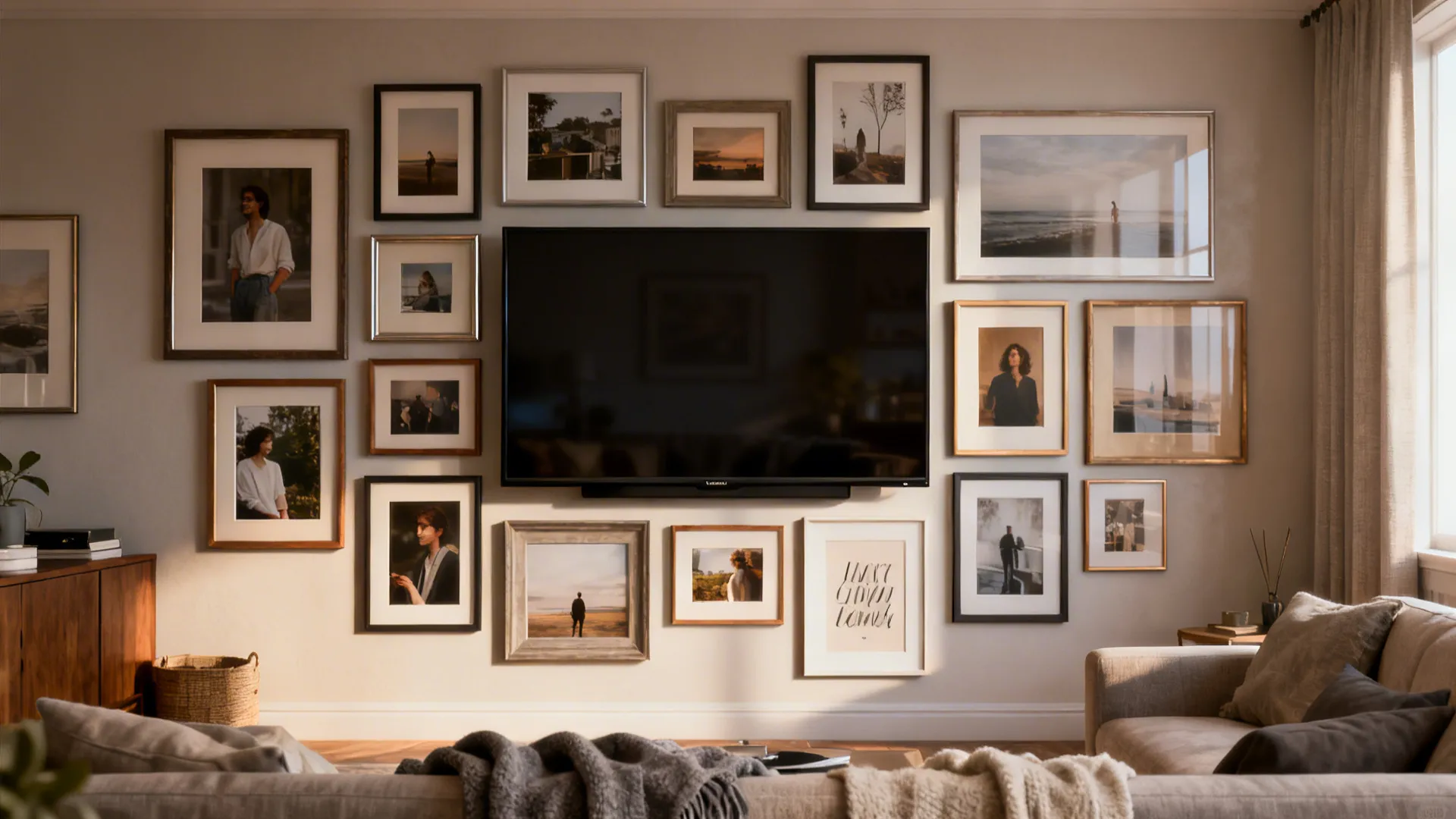 Wall-mounted TV integrated into a curated gallery wall of framed photos and prints