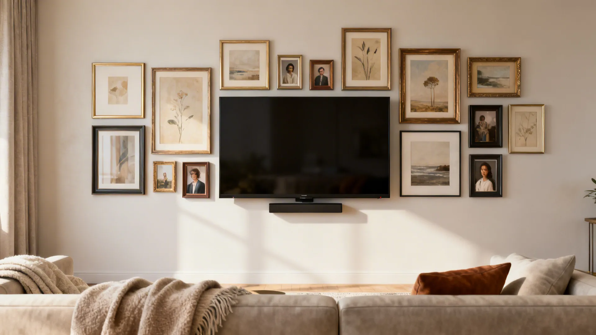 Gallery wall with framed art surrounding an integrated wall-mounted TV