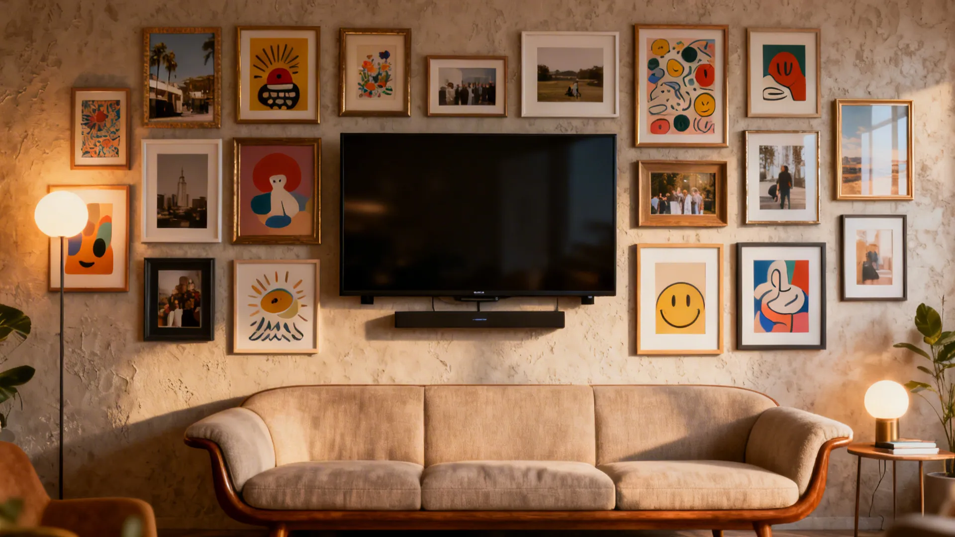 Wall-mounted TV integrated into a gallery wall of framed artwork and photos.