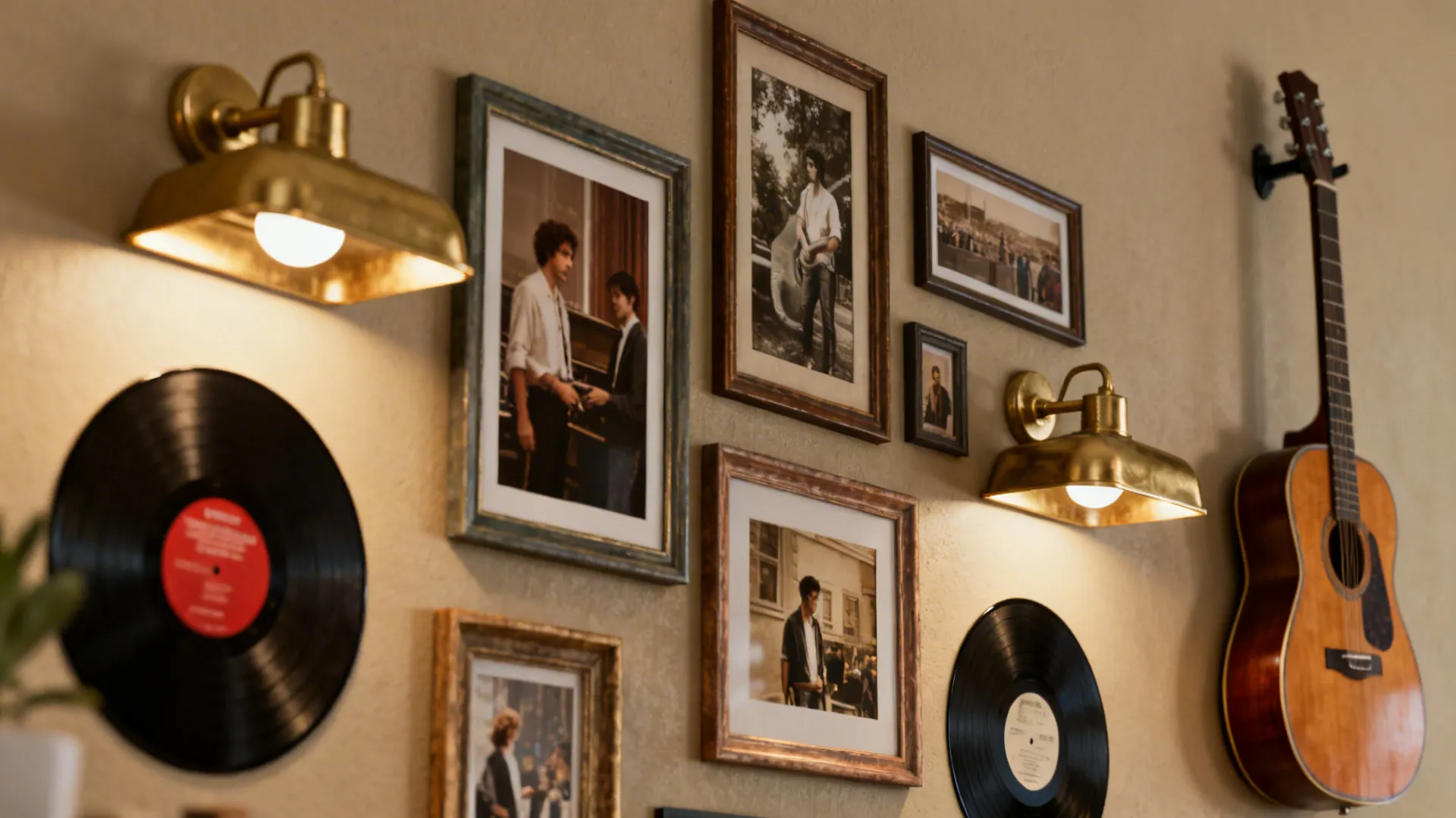 Curated gallery wall with framed photos, a vintage record and a mounted guitar.