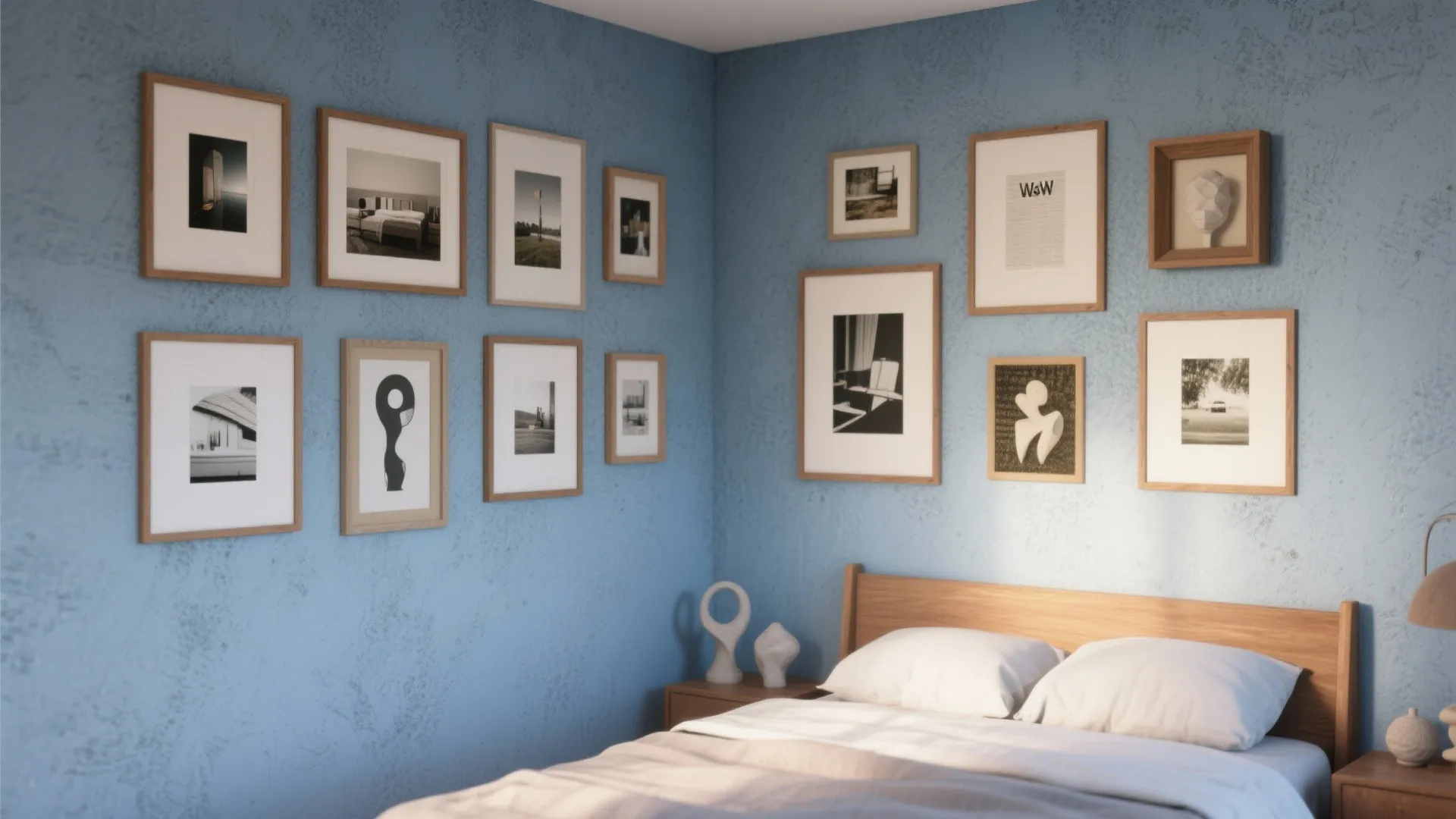 Bedroom with blue textured wall and gallery of multiple framed art pieces above wooden bed