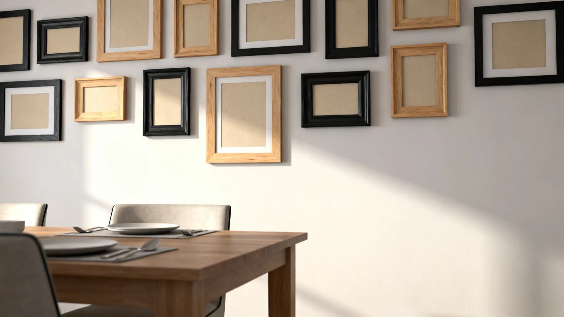 Dining wall with a unified-palette gallery arrangement above a table with coordinated frames.