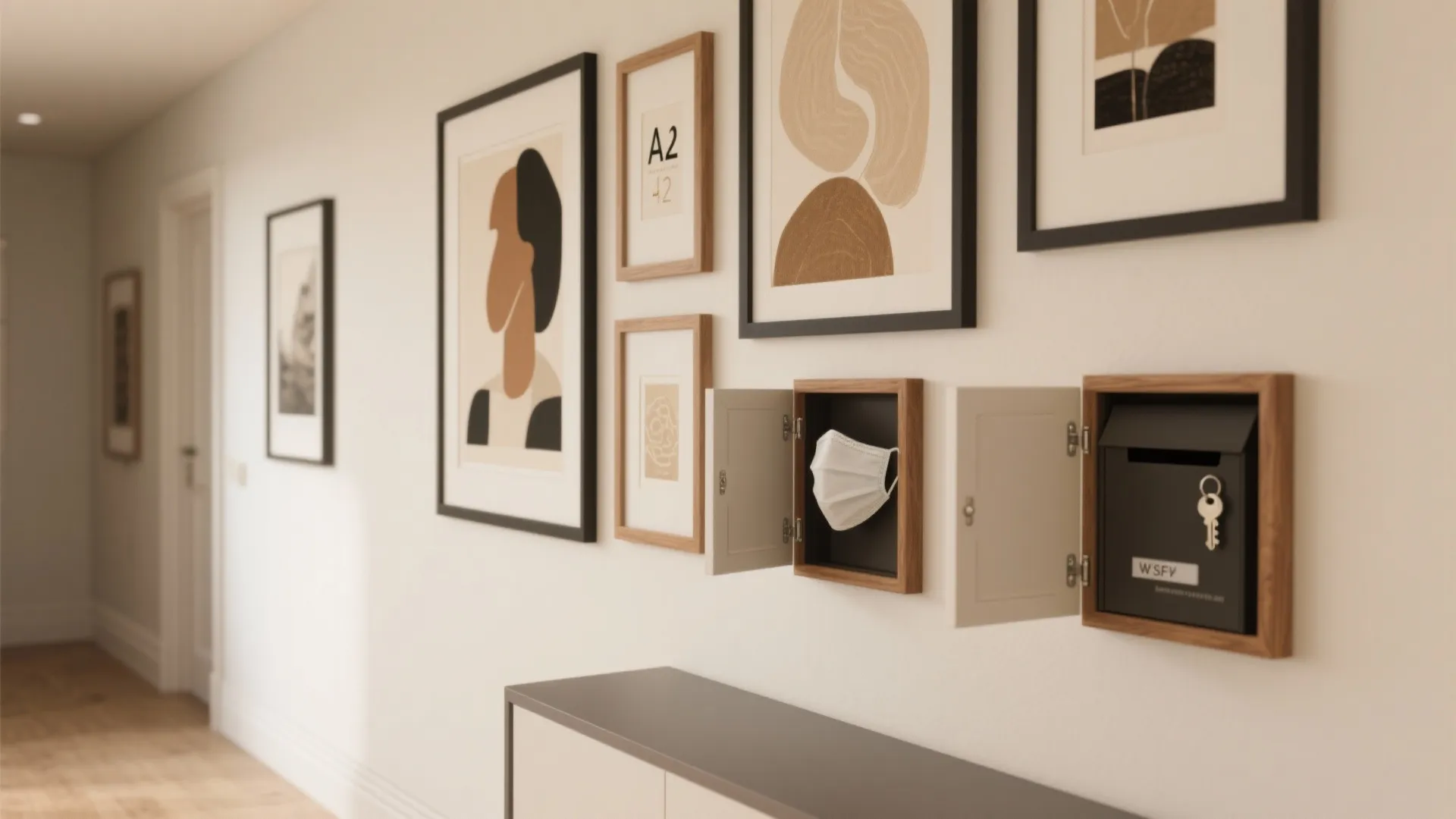 Gallery wall with concealed utility (mail, keys, masks)