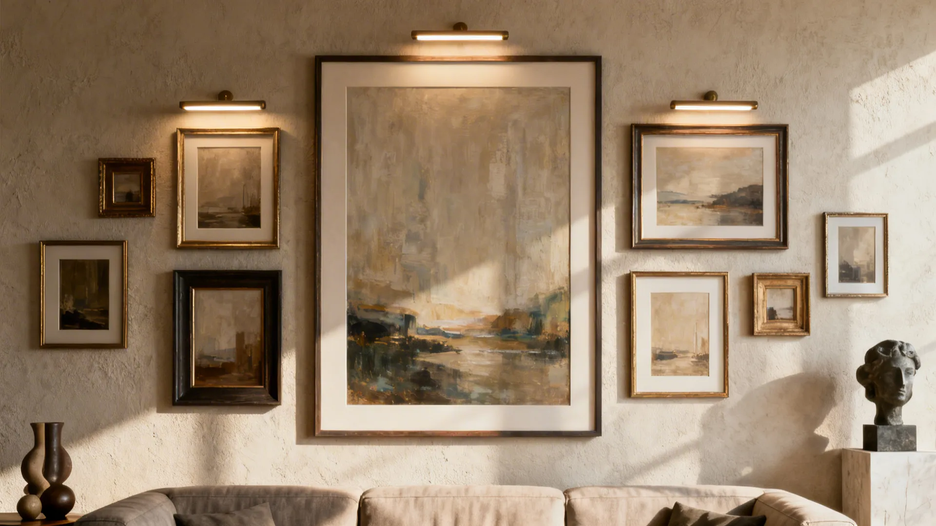 Gallery wall featuring multiple framed artworks above a sofa illuminated by three horizontal wall lights