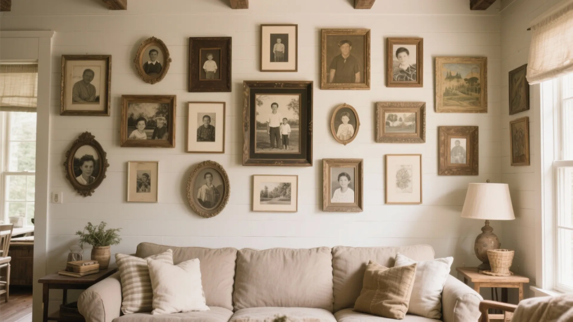 White wall decorated with many framed old photos behind a beige sofa with several pillows