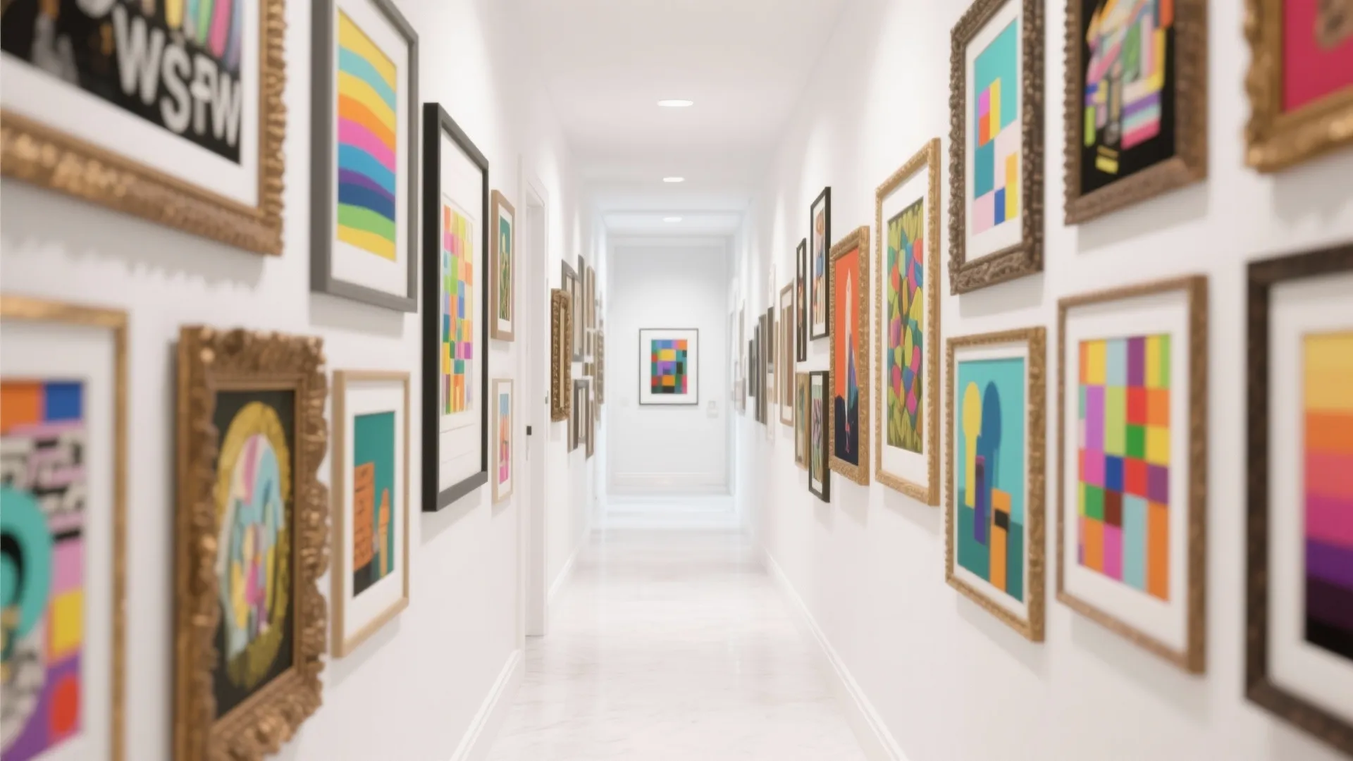 Long white hallway featuring many colorful framed pictures hanging on both walls with bright ceiling lights