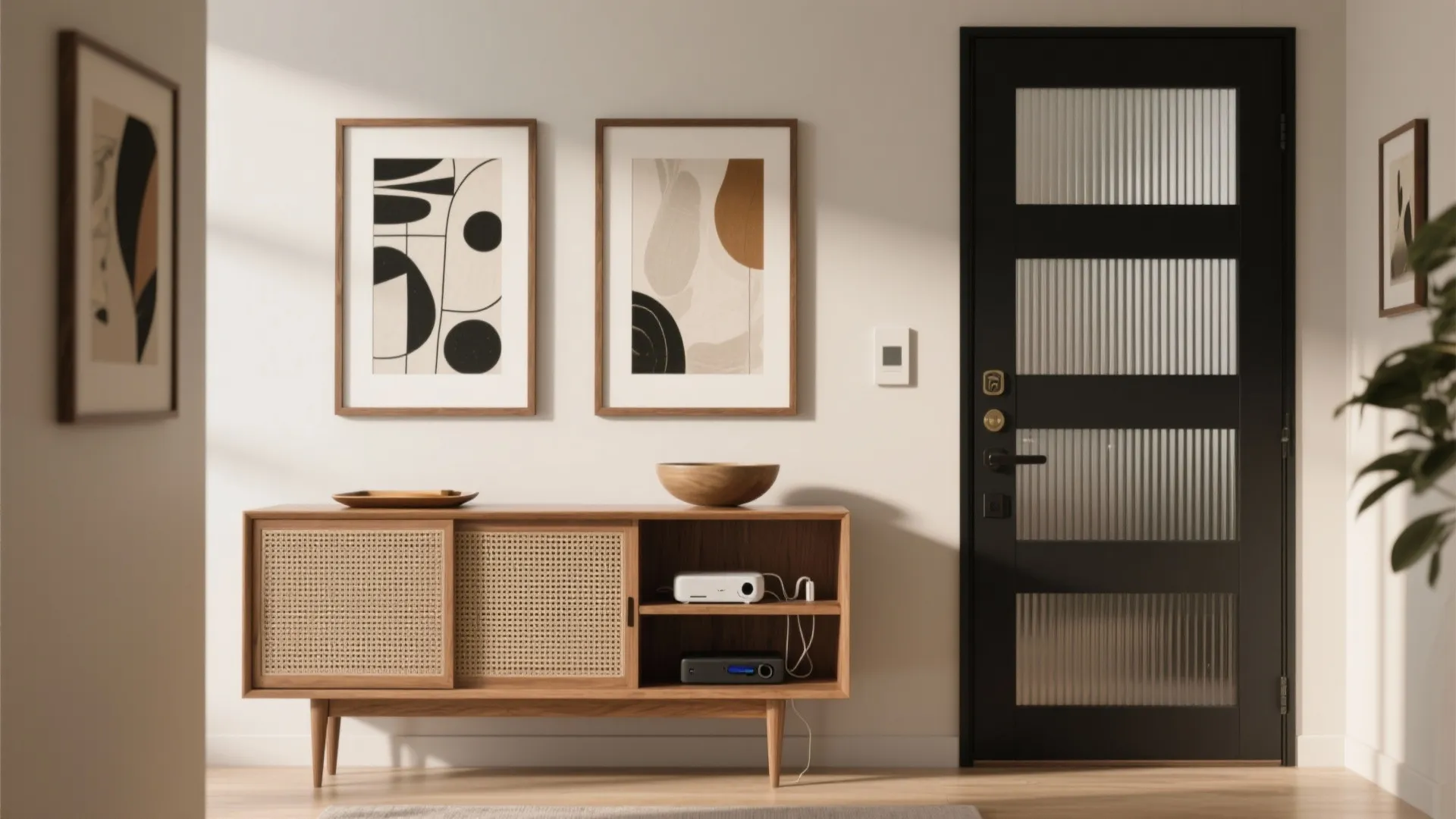 Artful gallery wall with hidden tech and a mini command center