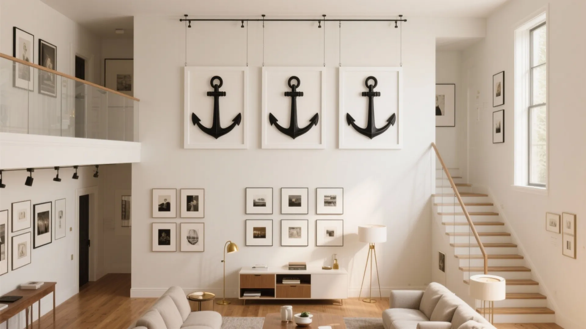 2) Two-Story Gallery Wall with a Rail (Art That Grows with You)