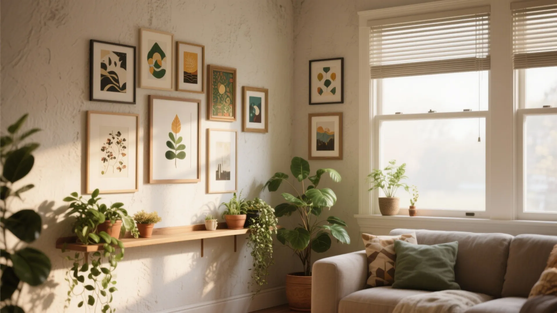 4. Gallery-style window wall with plants and layered art