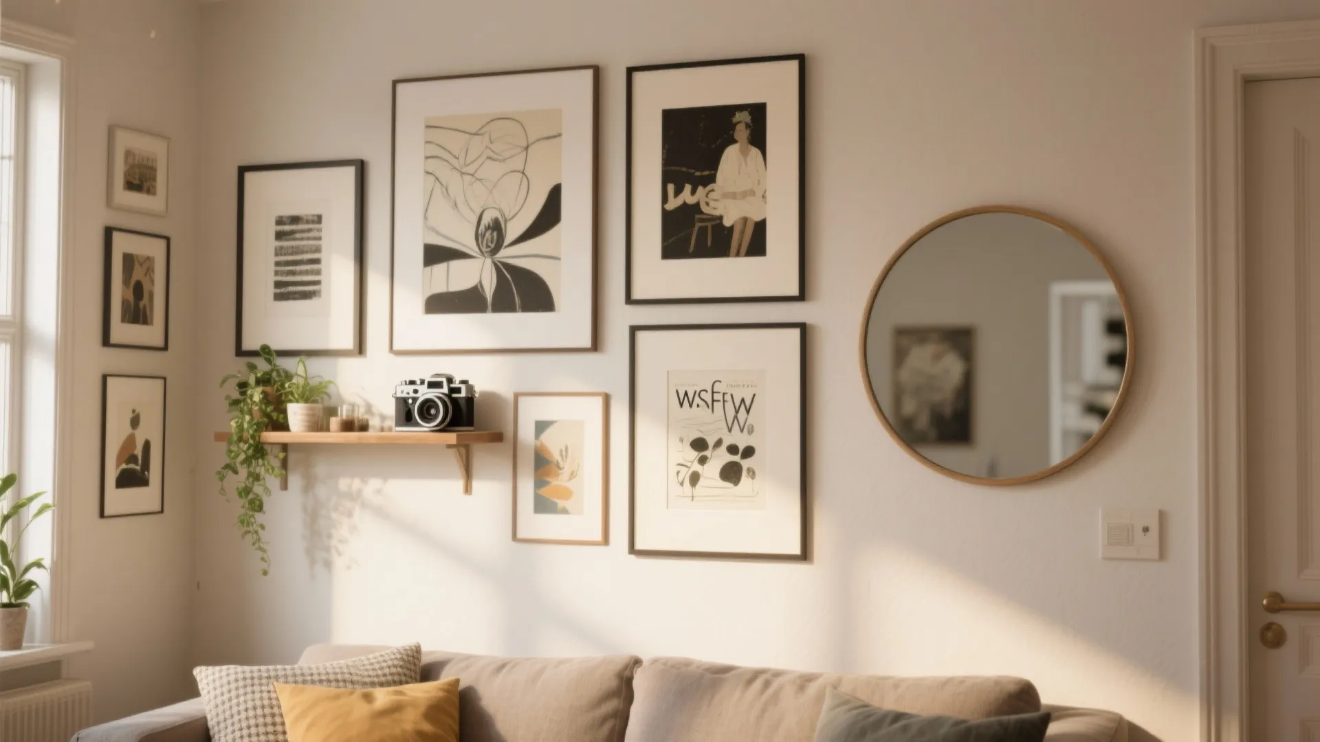 Living room wall gallery with framed art, round mirror, small shelf, camera, and green plant