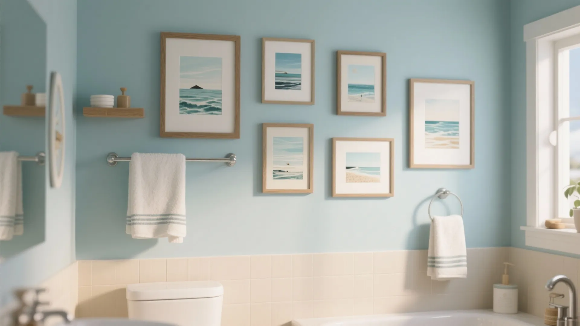Light blue bathroom wall with six ocean art frames hanging above white towel and toilet