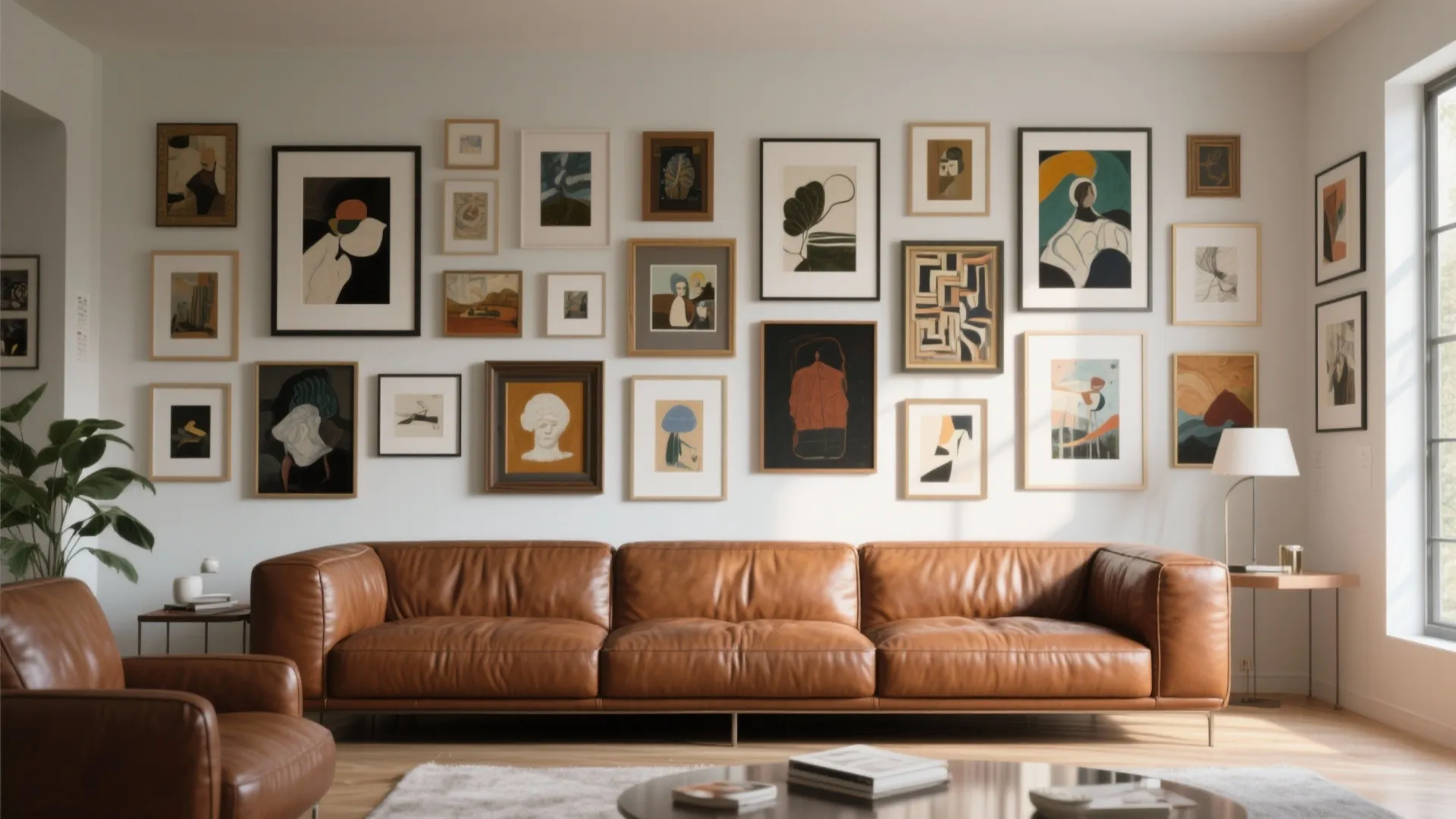 Art gallery wall above a brown leather couch adding personality to the room