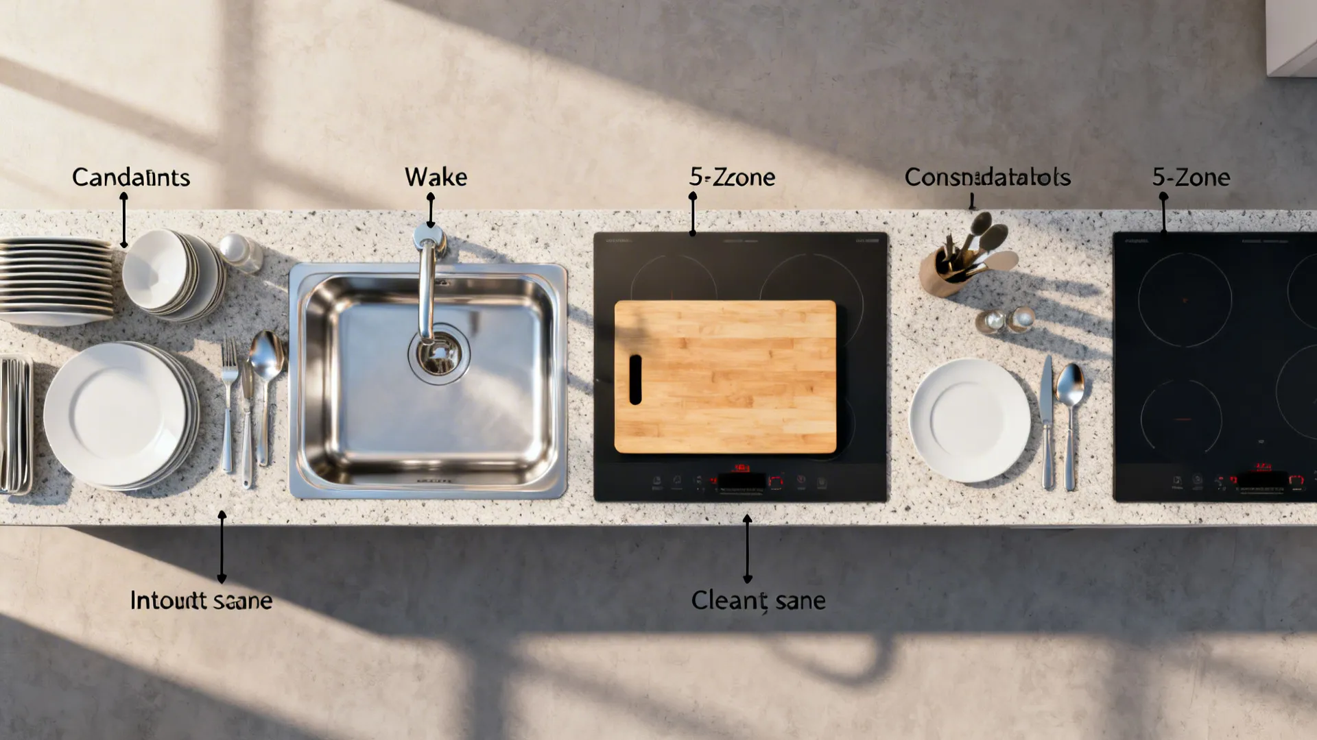 Top-down view of a narrow galley countertop organized into five workflow zones.