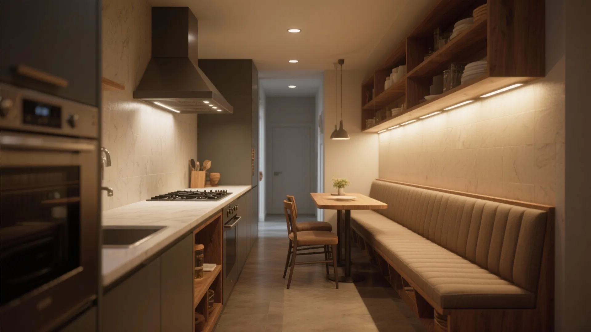 2. Galley kitchen with integrated banquette