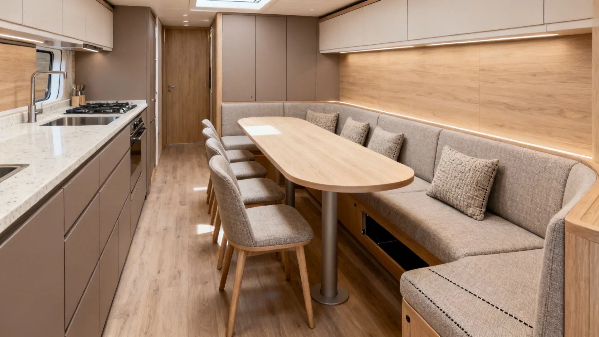 Narrow galley kitchen with a U-shaped banquette and rounded-edge table in soft daylight.