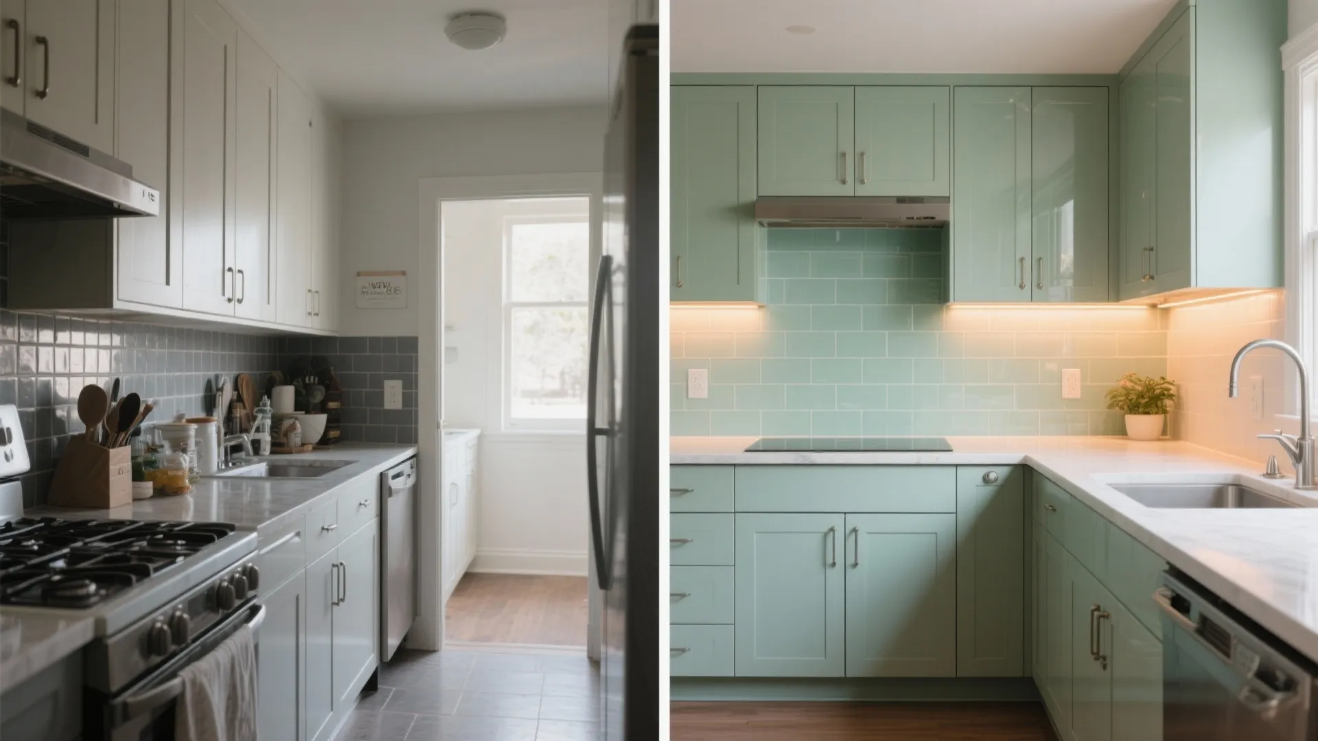 Before-and-after kitchen renovation comparison showing white cabinets versus updated green cabinets and white stone countertop