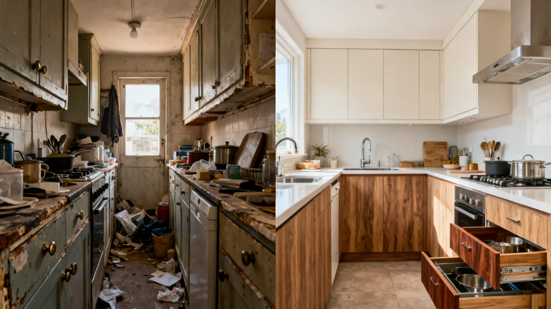 Before and after comparison of a messy old kitchen and a modern clean wood kitchen