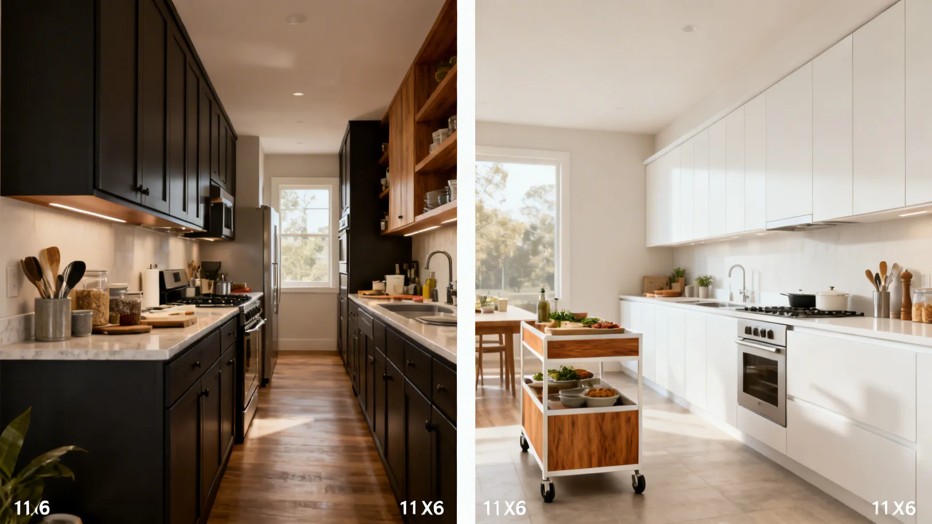 Side-by-side of a cramped dark galley versus a bright streamlined one-wall 11 x 6 kitchen.