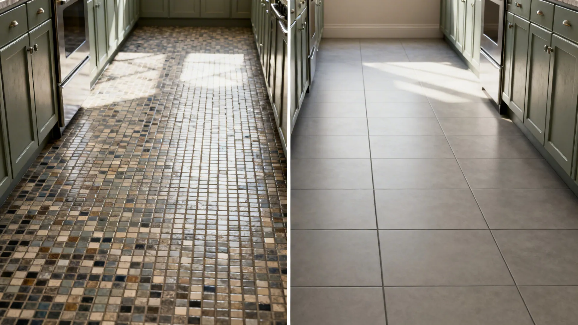 Before-and-after comparison of a narrow kitchen layout showing small mosaic tiles versus large grey tiles