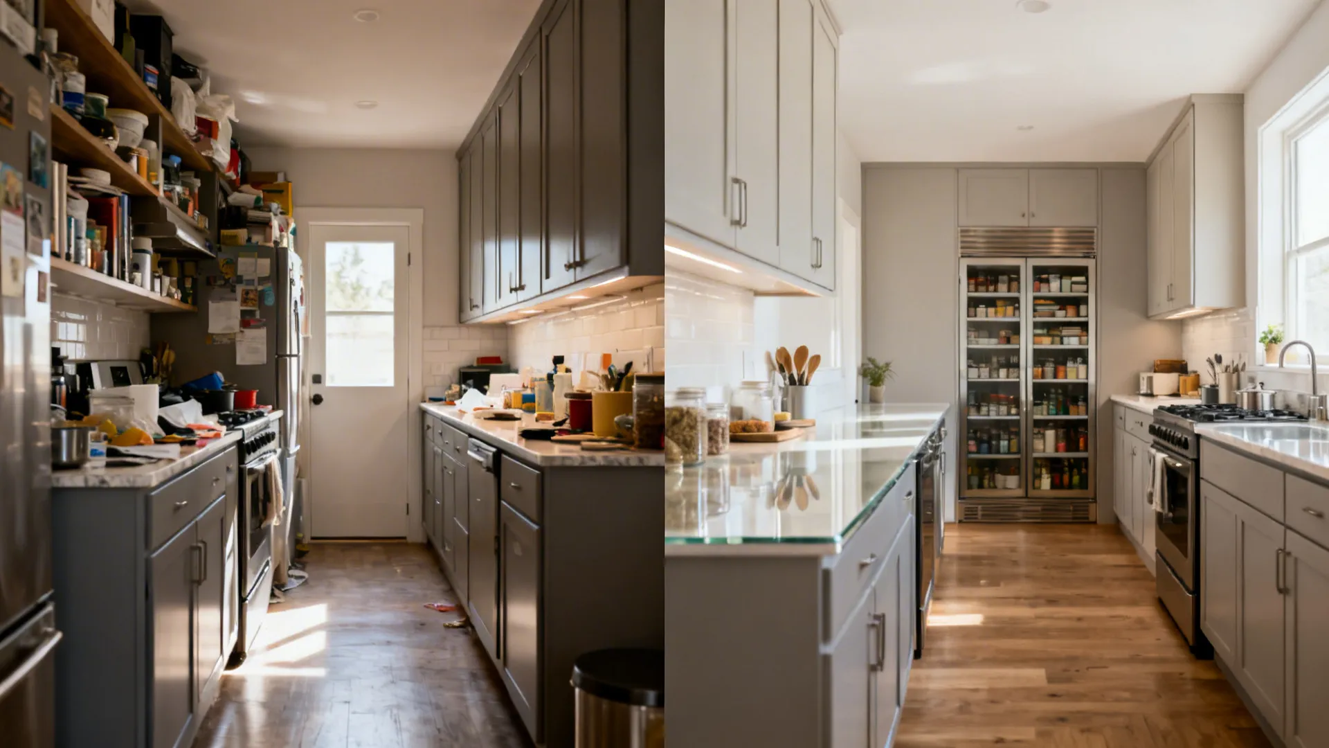 Before and after comparison of a messy kitchen and an organized kitchen with grey cabinets