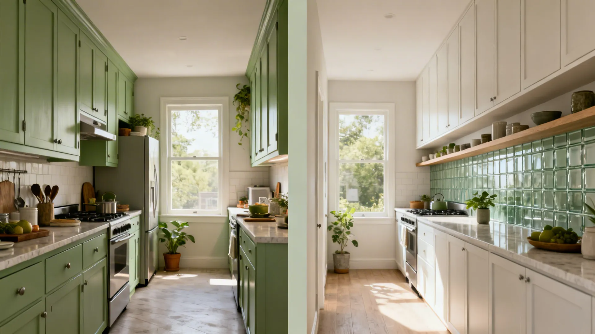 Split view showing a cluttered galley before and a lighter layout after with reduced uppers.