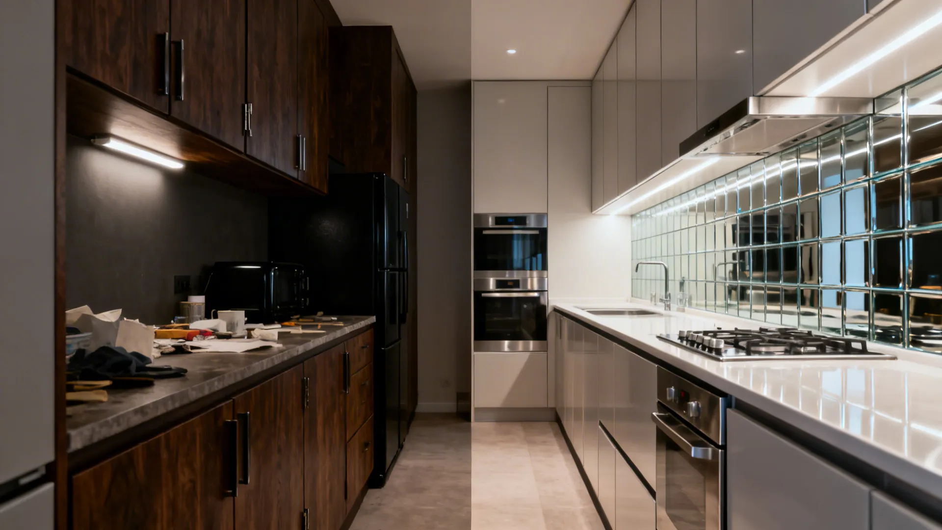 Before-and-after of a small galley kitchen, transformed with reflective backsplash and layered lighting.