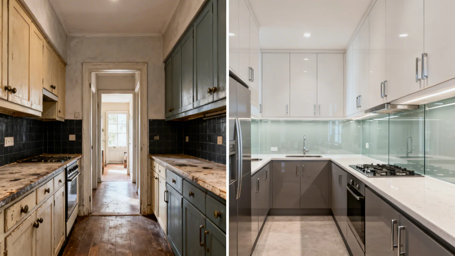 Before-and-after of a 10x10 galley transforming into a clean two-zone kitchen